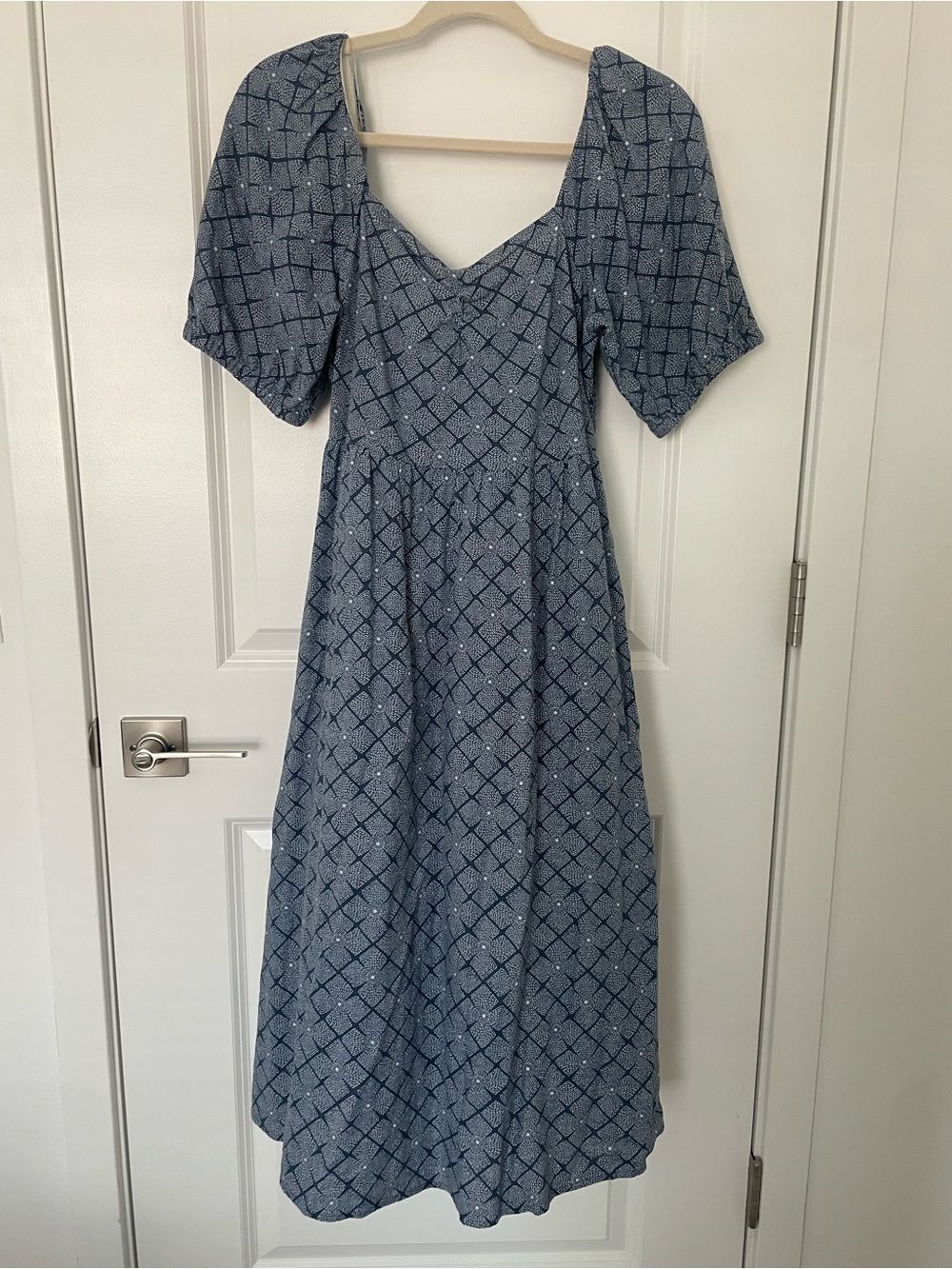a.n.a Blue Geometric Puff-Sleeve Midi Dress